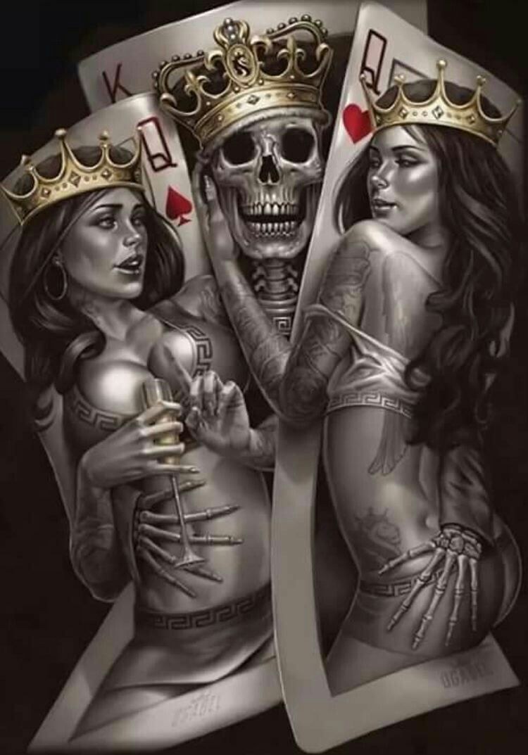 Esqueleto rey y dos damas