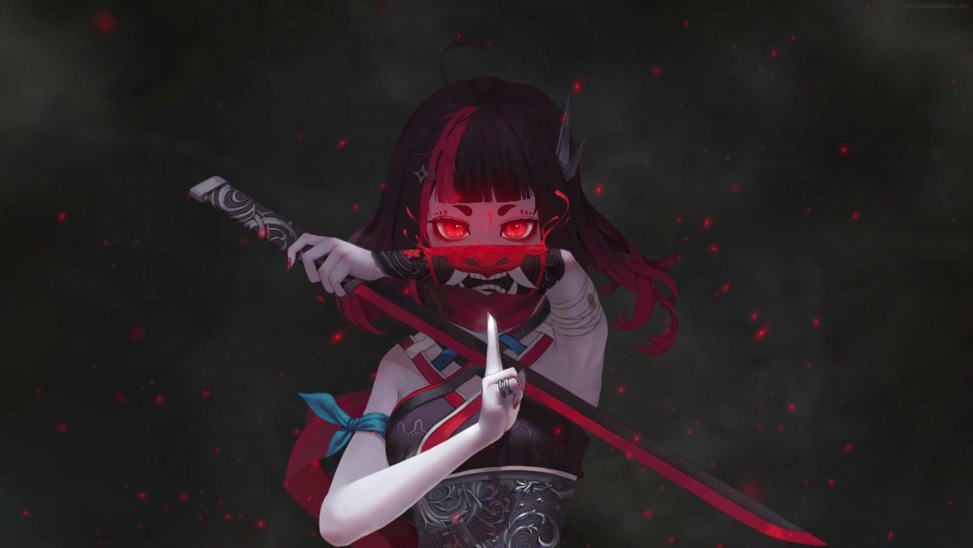 Anime Girl Red Eye Warrior Katana 4K