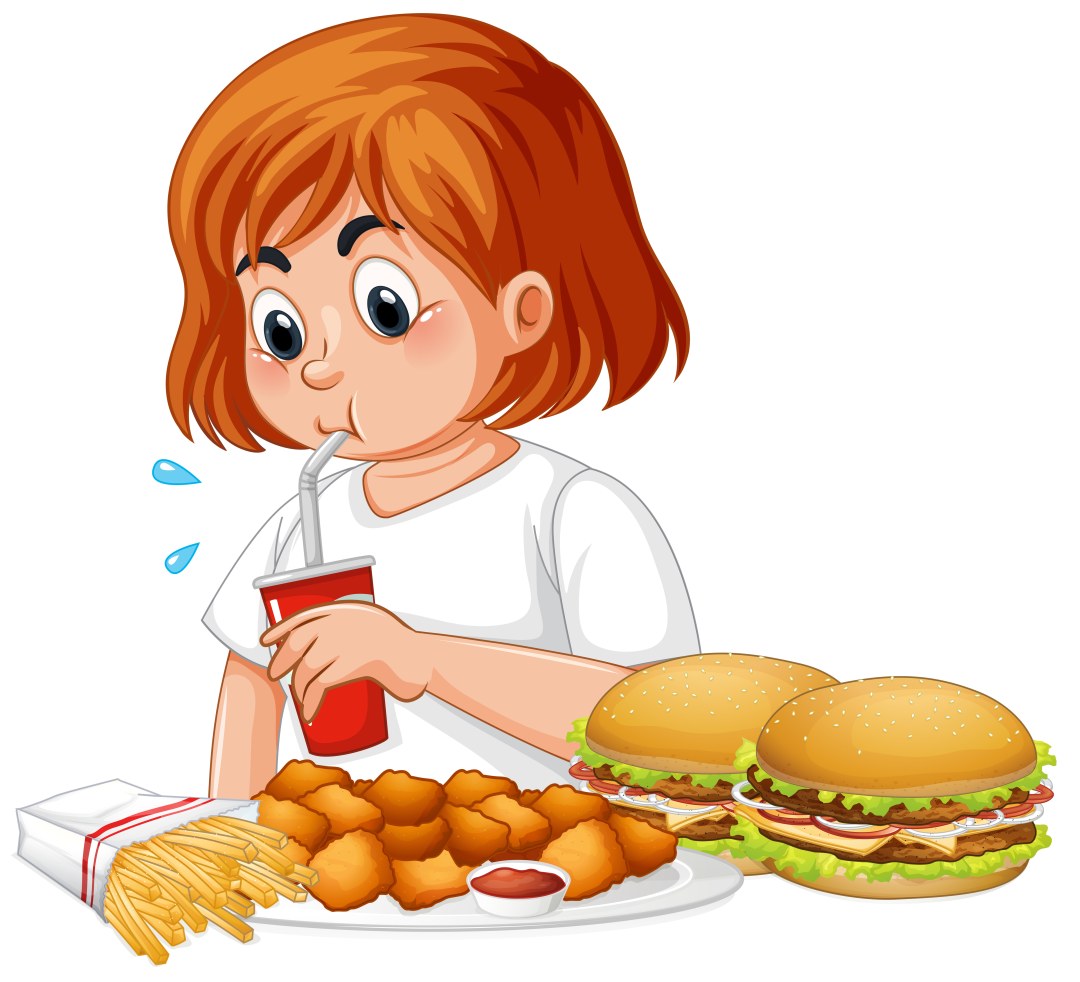 Dibujo de niña y comida rápida
