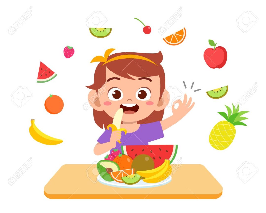 Los niños comen vegetales y frutas dibujos animados
