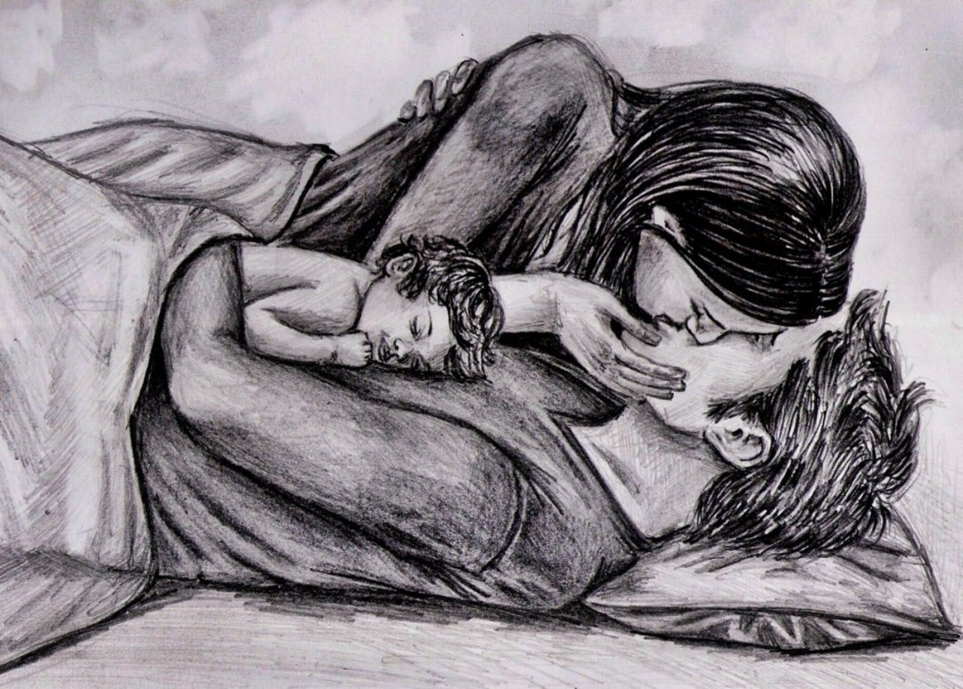 Dibujos de lápiz en el amor en la cama