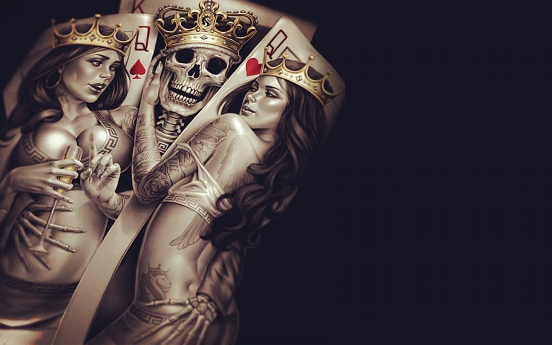 Esqueleto y dos damas