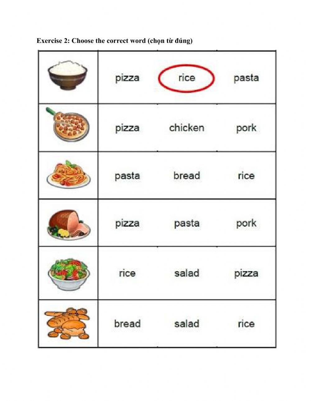 Hojas de trabajo de alimentos para niños