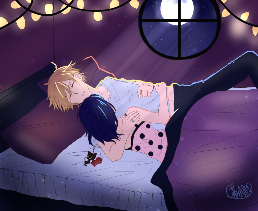 Amor marinette y edriano en la cama