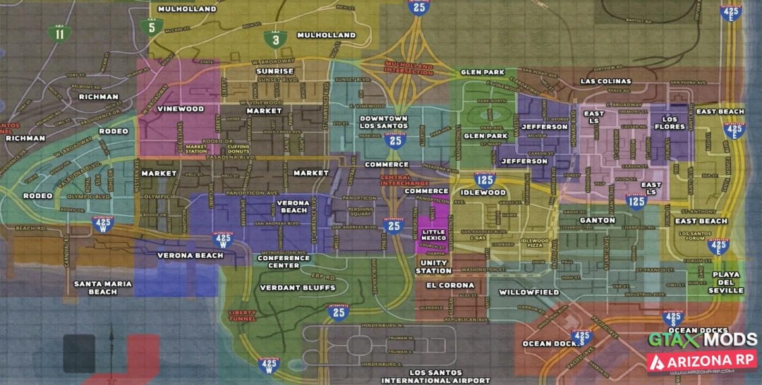 Mapa de Los Santos con los distritos de GTA SA