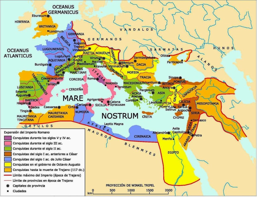El mapa de la división del Imperio Romano en el oeste y este