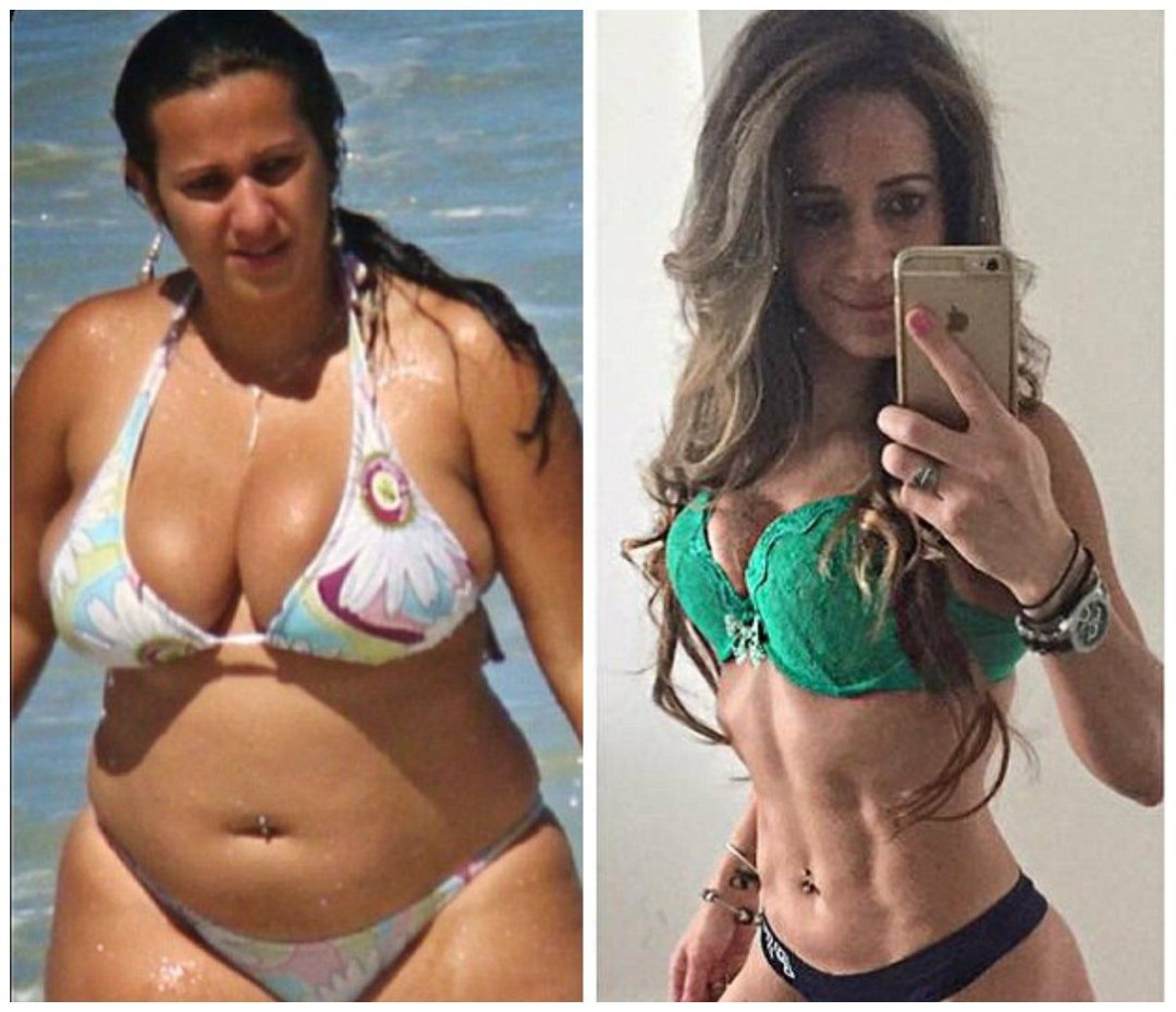Niña antes y después de perder peso en un traje de baño