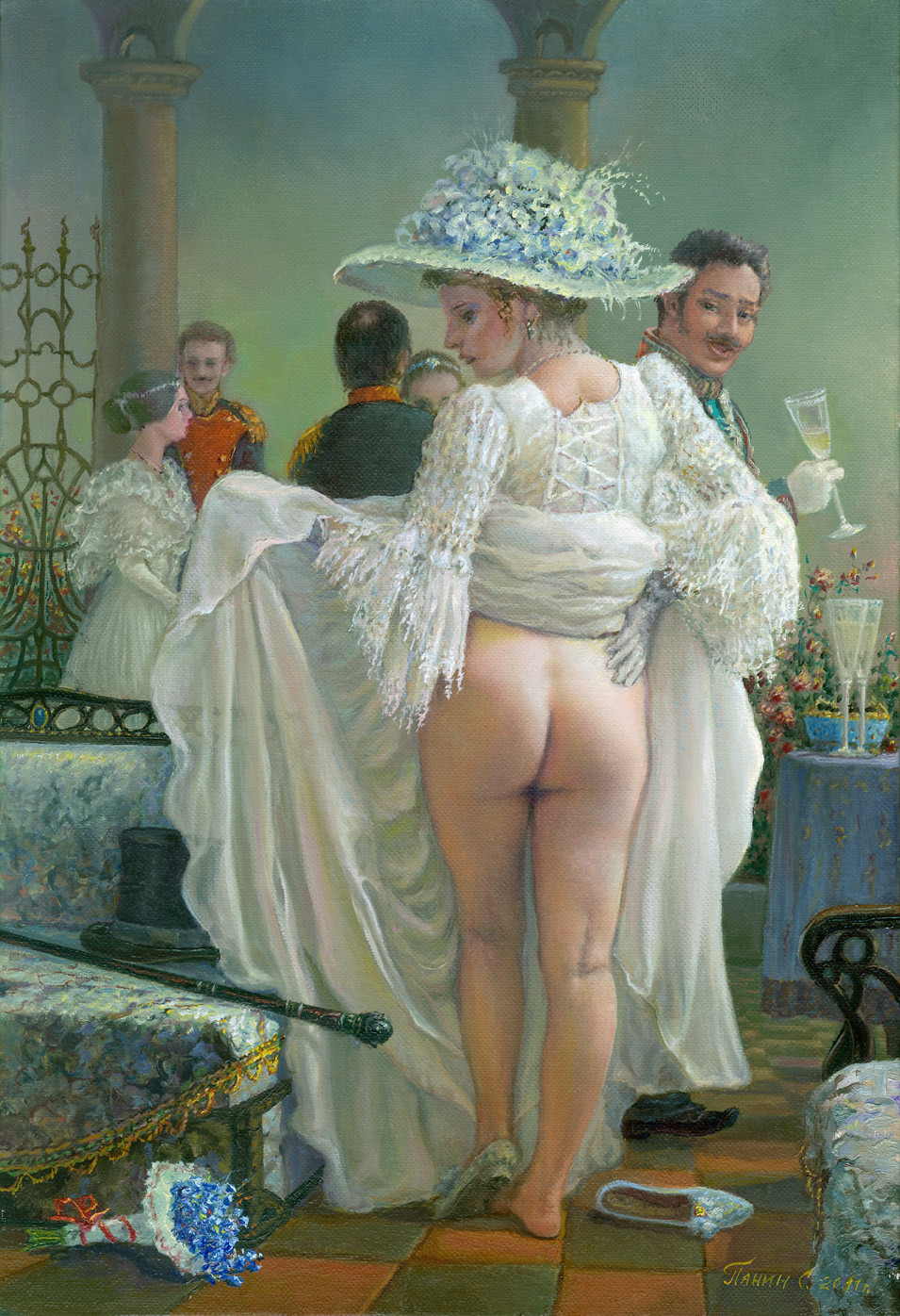 Pintura de damas y húsares desnudos