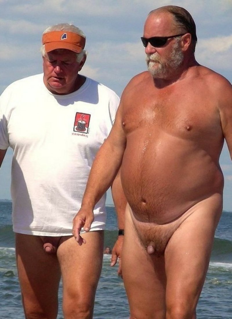 Hombres gordos desnudos en la playa