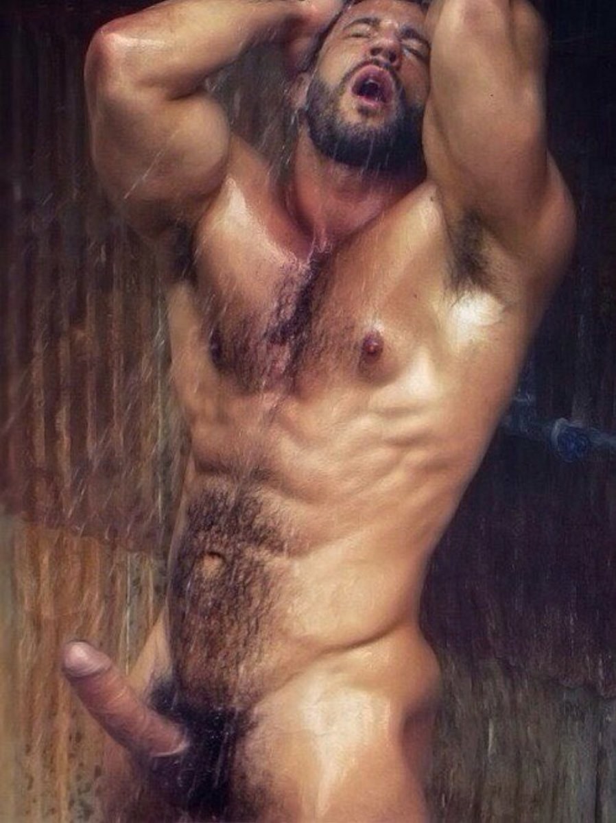 Chicos peludos desnudos en el baño