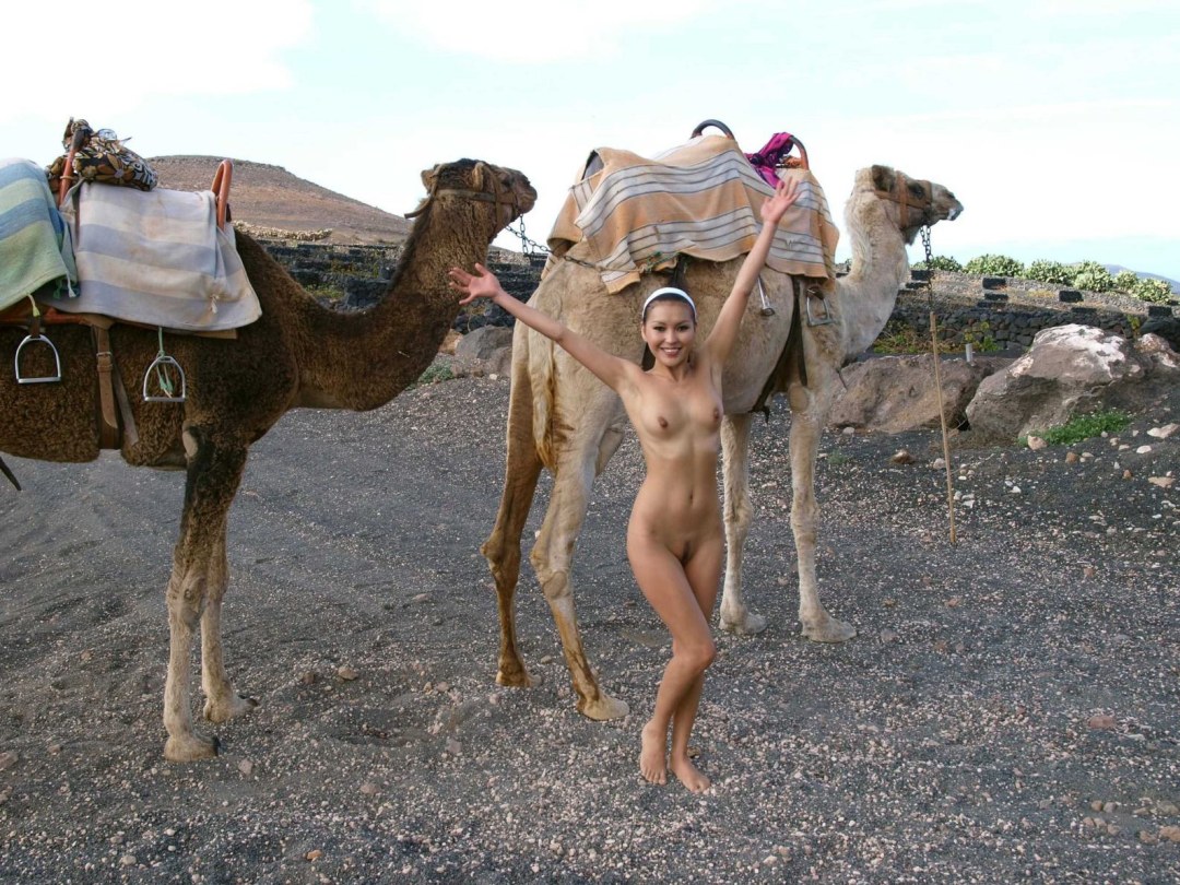 Desnudo con un camello en el desierto