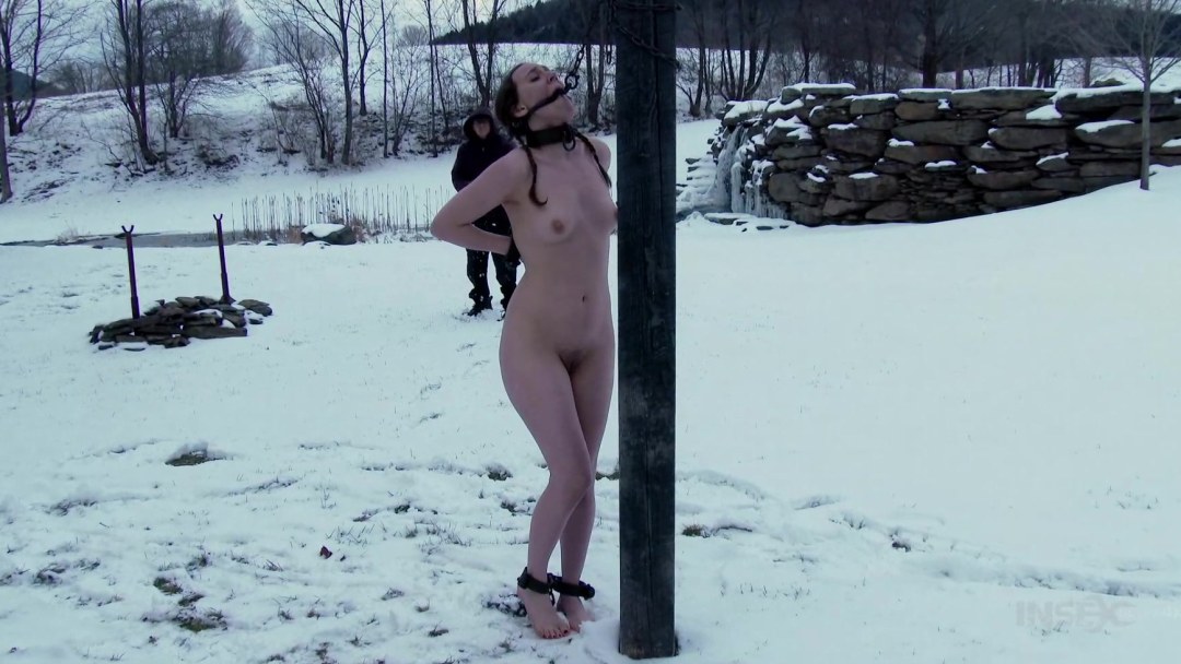 Desnudo en invierno en la naturaleza de BDSM