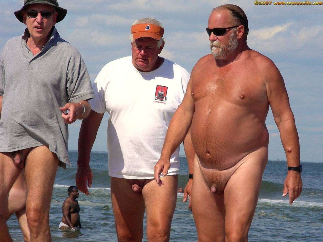 Hombres gordos desnudos en la playa