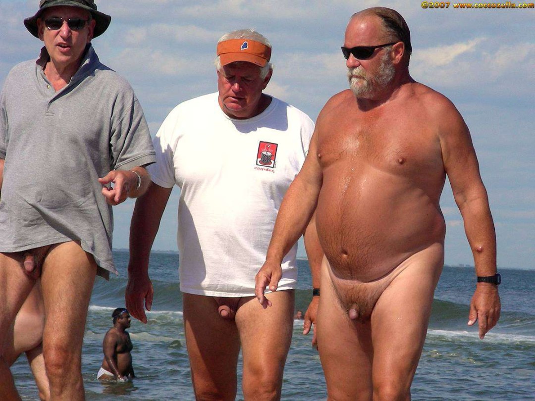 Hombres gordos desnudos en la playa