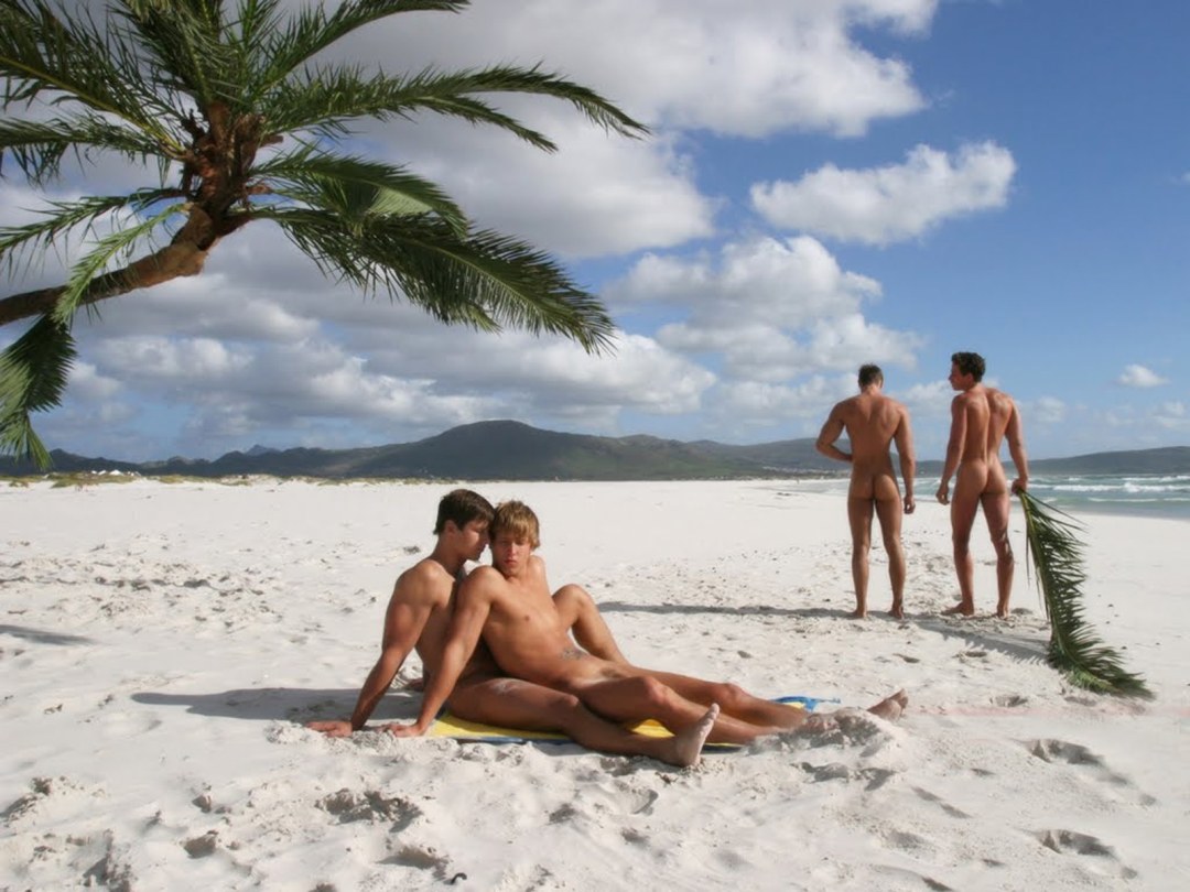 Hermosos chicos desnudos en la playa