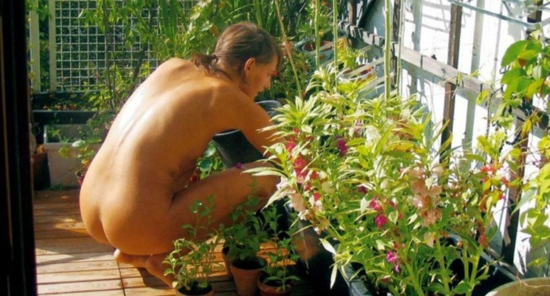 Desnudo en el país en un invernadero