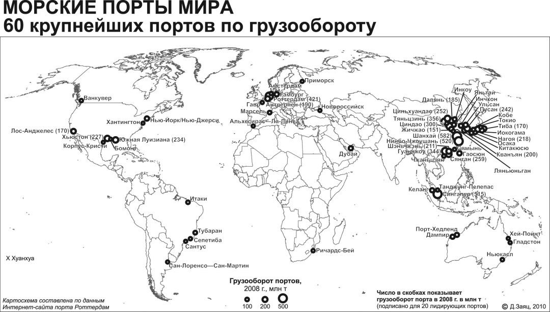 Крупнейшие морские Порты России на контурной карте